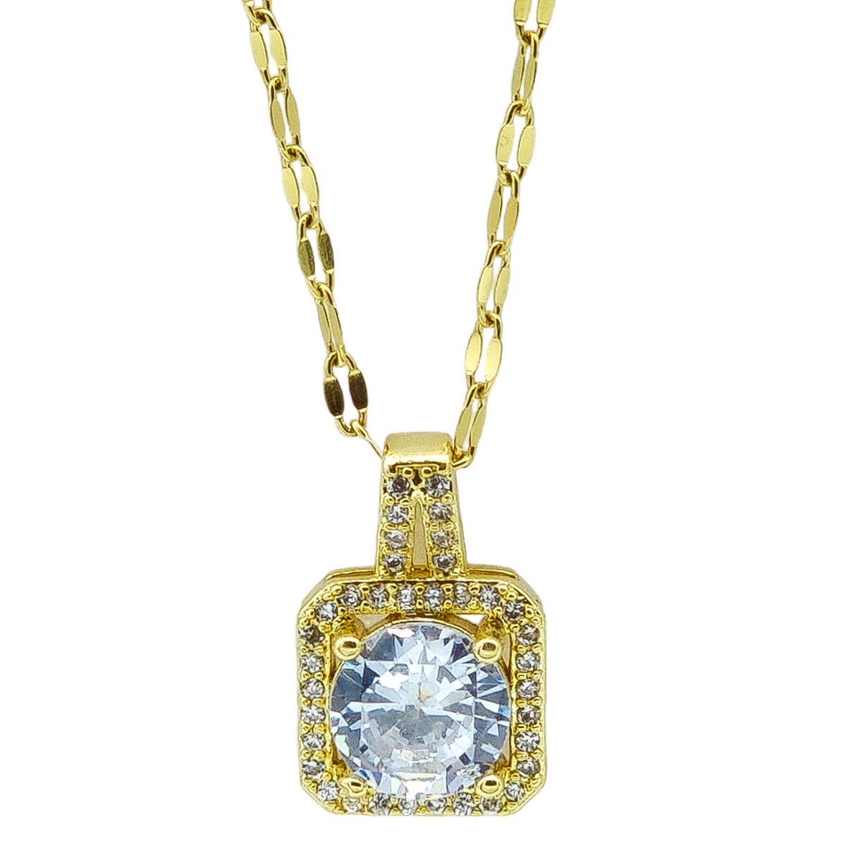 Dames collier - Premium gold-plated staal - Goudkleurig - Vierkant zirkoon hangertje