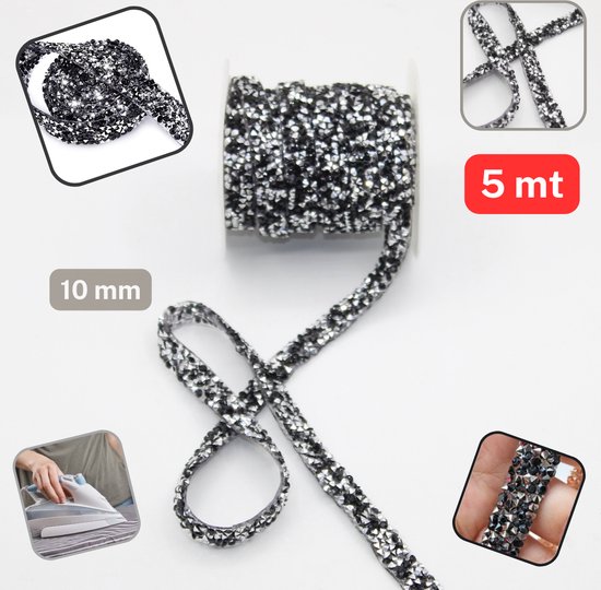 5 Mètres STRASS à repasser, Largeur 10MM, Couleur NOIR/ARGENT, HOT-FIX