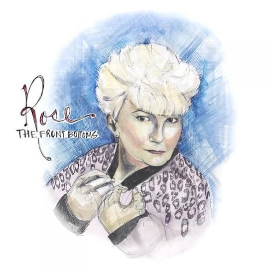 Illustratie van Rose van The Front Bottoms met een luipaardprint jasje en een blauwe achtergrond.