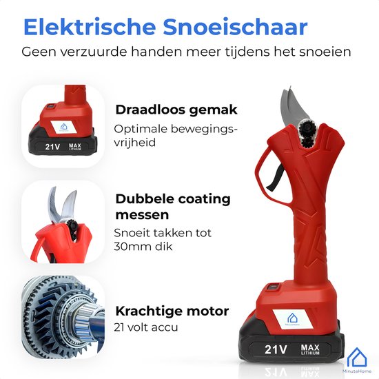MinuteHome® Professionele Elektrische Snoeischaar - Tuinieren - Snoeischaar- Elektrisch - 2x Accu- Draadloos - Ergonomisch - Antislip - inclusief Opbergkoffer - inclusief Handleiding - Groen - 30mm Snijdiameter van MinuteHome® — afbeelding 2