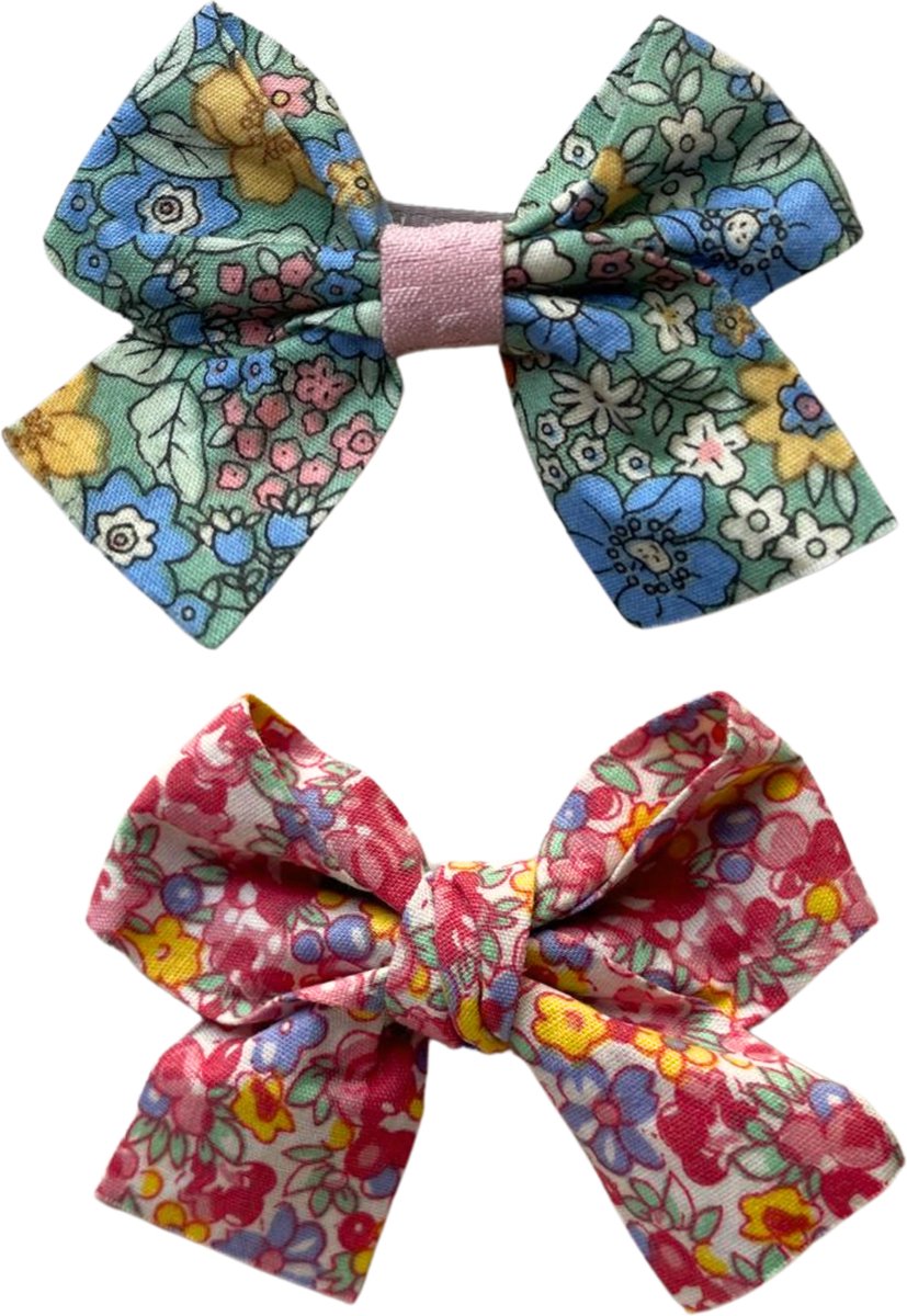 Haarclip - Haarstrik - Haarspeld - Groen & Rood - Strik met Bloemen - Meisje - Kind - 2 stuks