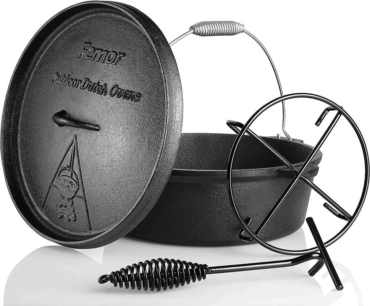 Wildor Nederlandse Ovenpot Met Deksel 5.8 Liter Gietijzeren pan 4-6 personen Incl. deksellifter en standaard Stoofpot Fonduepot Platte bodem Anti Hitte Spiraalvormig Handvat Voor binnen en buiten Braadpannen Bakpan Kookpan