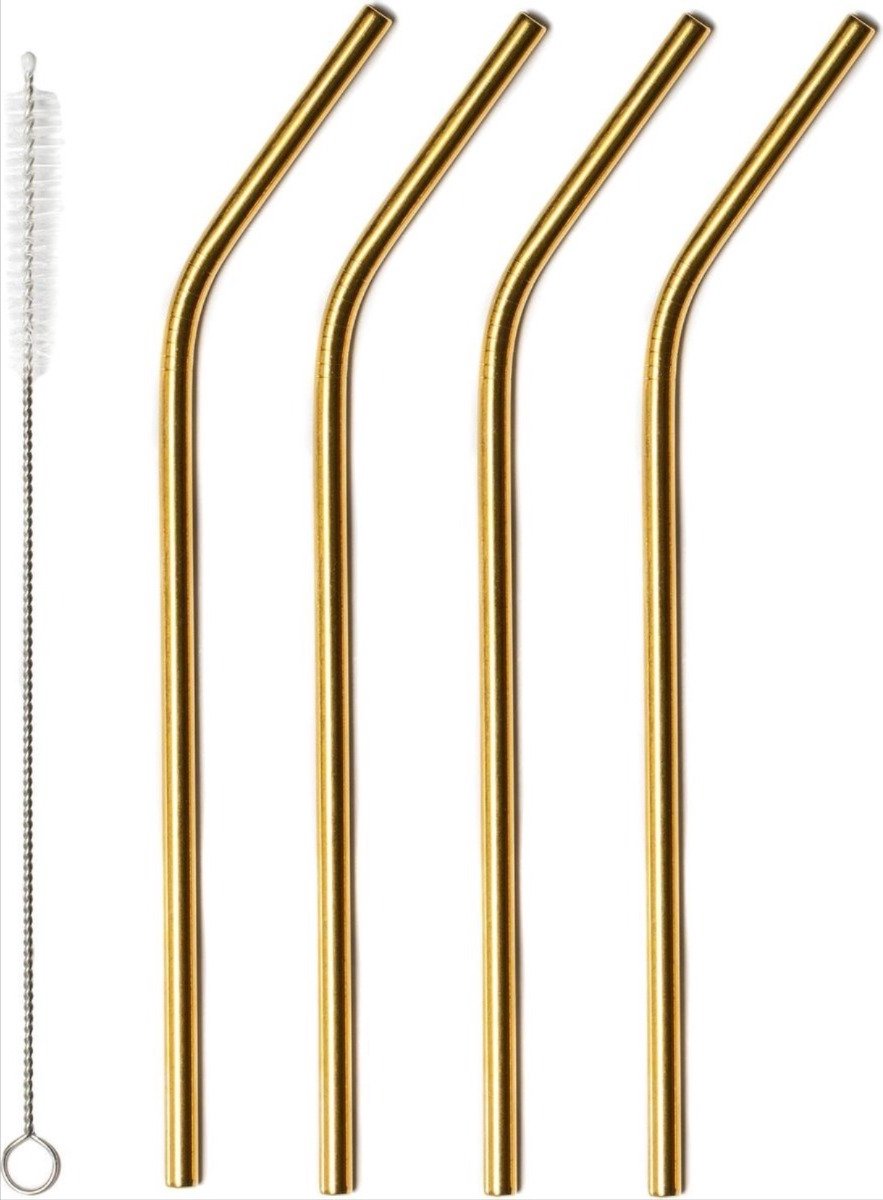 Heble *** 4 Herbruikbare Rietjes inclusief borstel in stijlvol Goud Gebogen voor optimaal gebruik 4 stuks Cocktails Party Mocktail van ***