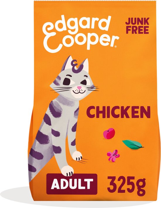 Zak Edgard & Cooper kattenvoer met kip, met tekening van een kat, "ADULT", "325g", "JUNK FREE" en "FRESH MEAT".