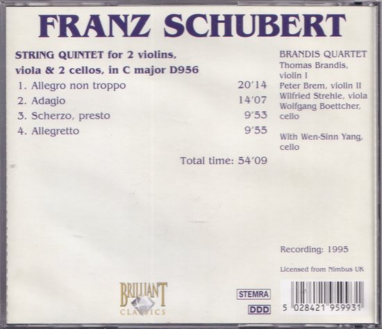Achterkant CD hoes met tracklist "String Quintet", componist Franz Schubert, uitvoerders Brandis Quartet, opname 1995.