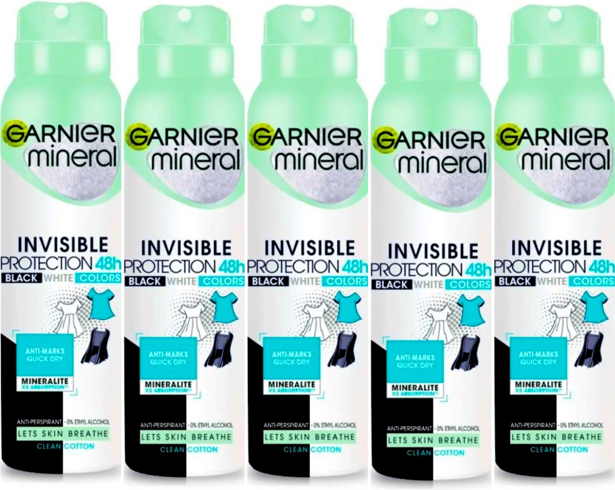 Goedkoopste Garnier Invisible Protection Clean Cotton 48h Deodorant Spray - 5 x 150ml - Black White Colors
