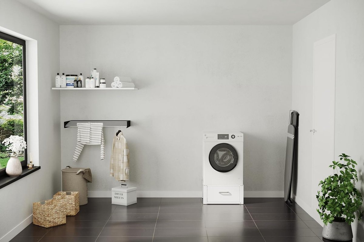 Support Surélevé Pour Machine à Laver Avec Tiroir – En Bois, Charge 320 Kg, H 58 Cm – Blanc, Avec Système Anti-fuite