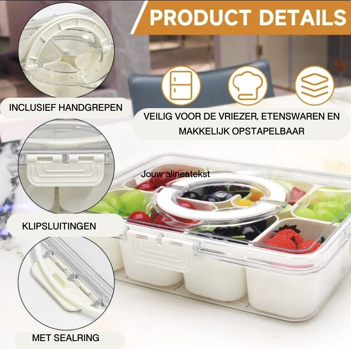 Snackschaal met deksel, snackbord met 8 vakken, snackschalen, opbergdoos, snackbox, organizer voor snoep, veganistisch, koekjes, noten, fruit