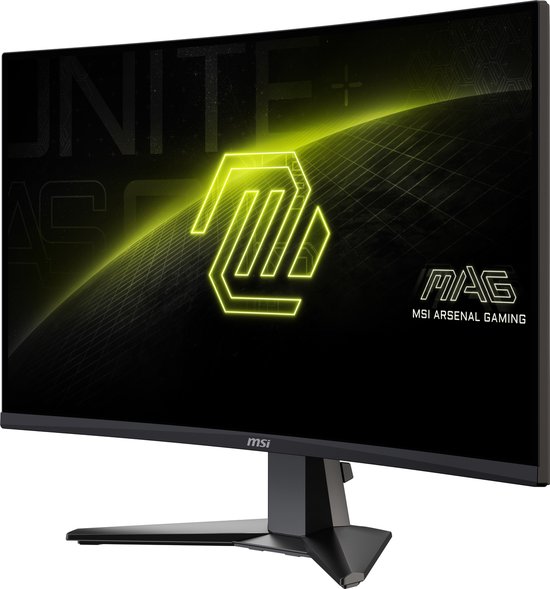 Voorkant van een zwarte gebogen MSI gaming monitor met neon-geel logo.