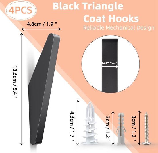 Beelee Zwarte Handdoekhaken voor Badkamer 4-Pack Muur Gemonteerde Gewaad Jas Haak Heavy Duty Hoed Rack Kleding Hanger, Muurhaken BA9808B-4
