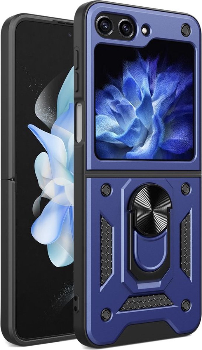 MobyDefend Hoesje - Geschikt voor Samsung Galaxy Z Flip 6 - Pantsercase Met Draaibare Ring - Blauw