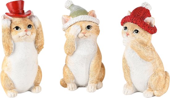 Décoratif | Chat avec chapeau, entendre/voir/parler, résine, 6x6x11cm, lot de 3 pièces | A245171