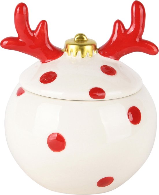 Foto: Dekoratief bewaarpot kerstbal m gewei wit rood keramiek 10x10x12cm a245794