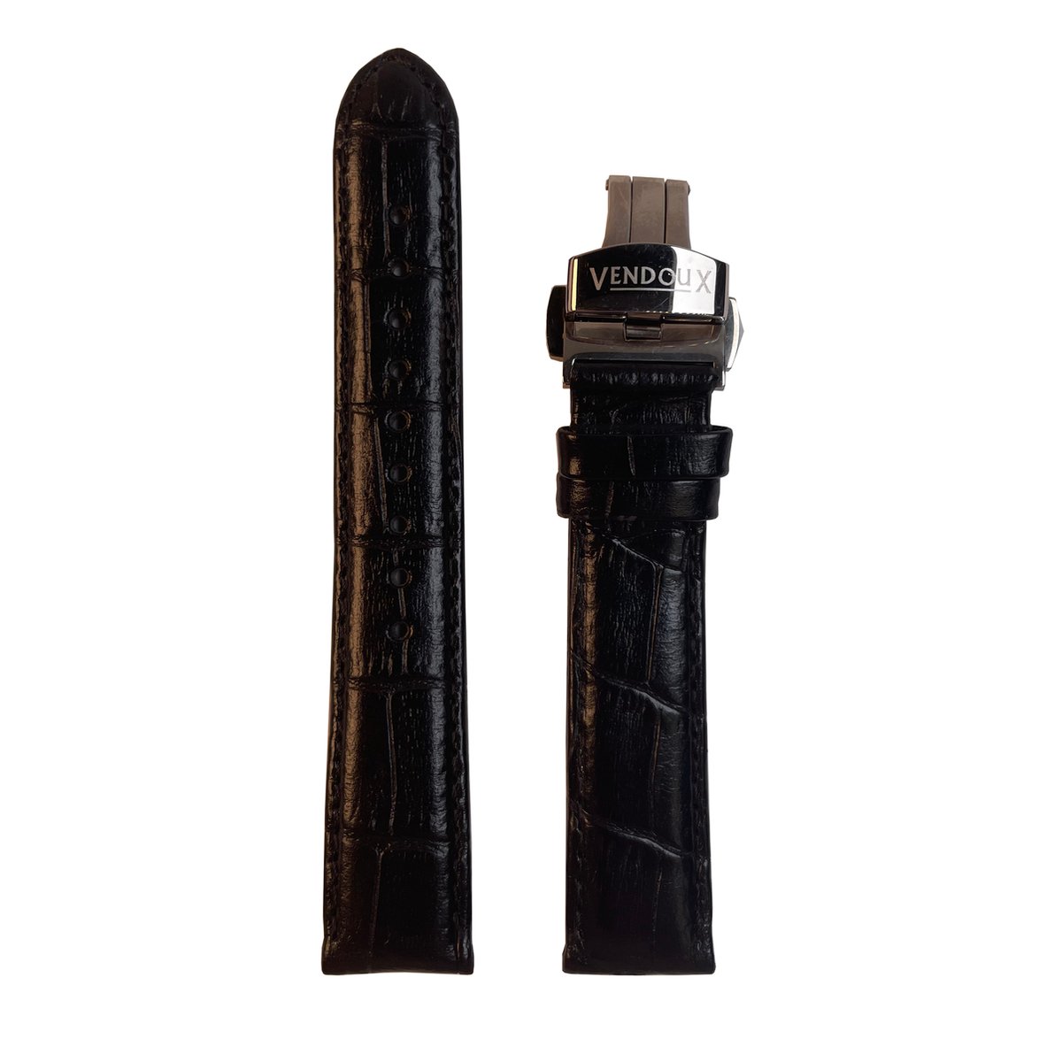 Horlogeband uitvoering 2 - 18mm - Zwart - Echt leer in croco print - Roestvrijstalen vlinder sluiting