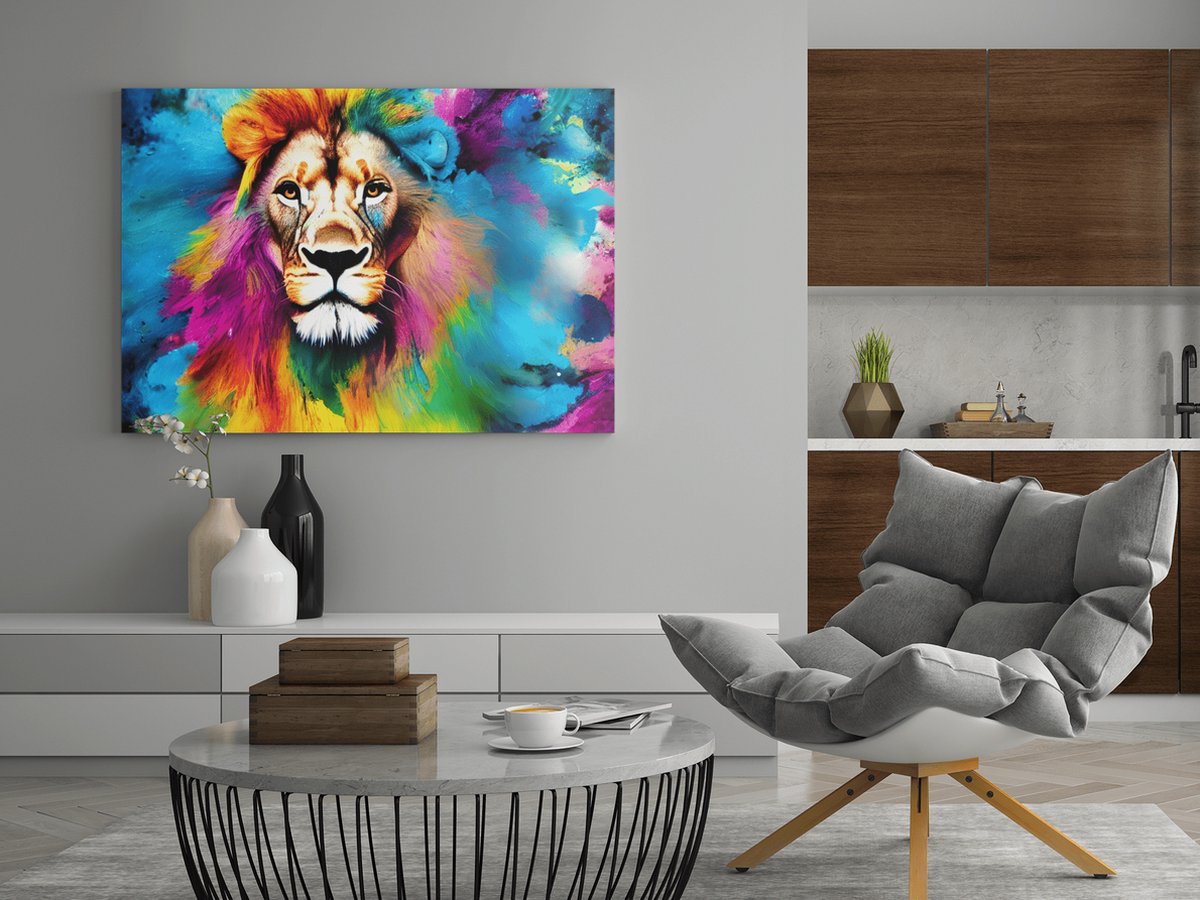 Trendex Global Canvas Schilderij - Dieren - Leeuw - Kleurrijk - Wanddecoratie - 120x80x2 cm