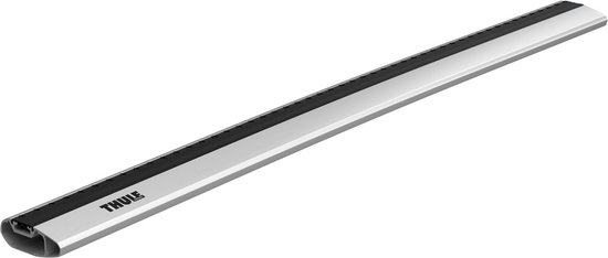 Barre de toit en aluminium avec bande noire et logo Thule, sur fond blanc.