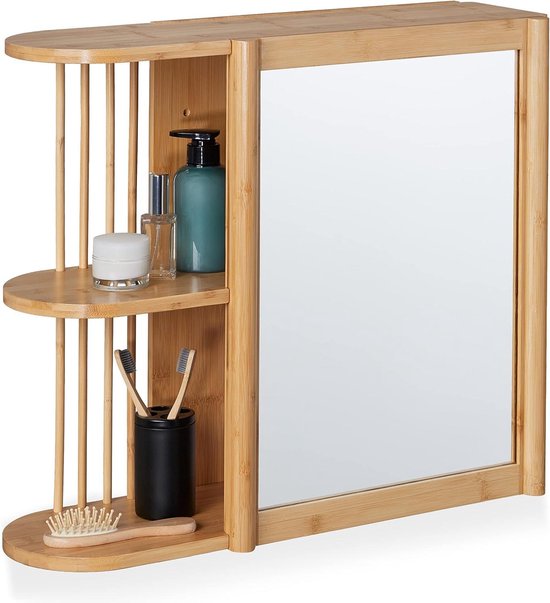 Foto: Wandrek met spiegel bamboe 2 halfopen etages 53x62x20 cm badkamer hangend rek spiegelkast wc natuur