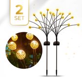 KENN® Solar Tuinverlichting – Set van 2 – Vuurvliegjes – 12+ Branduren – 100% Waterdicht – Tuinverlichting op Zonne-energie – Buitenlampen Solar – Tuinlampen – Sfeerverlichting Tuin – Goud – Met Grondspiezen - LED Buitenverlichting - Padverlichting