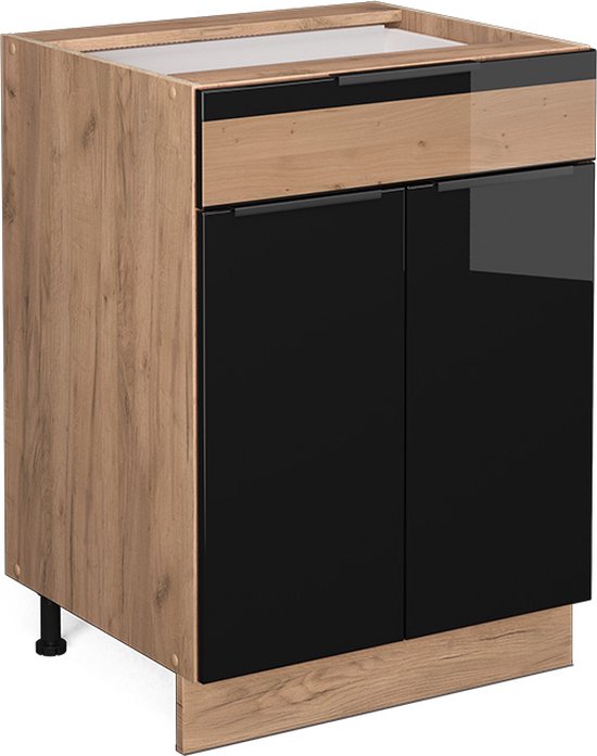 Vicco Keuken Fameline, 200cm, Pt Antraciet, Wit Hoge Glans/eiken Van Goud