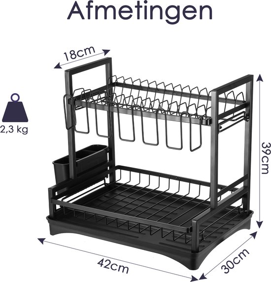 Behave Afdruiprek met Lekbak - Inclusief Afvoer - Afwasrek - Met Bestekhouder - 2 Laags - Ruimtebesparend - Metaal - Zwart - Afwasborstel