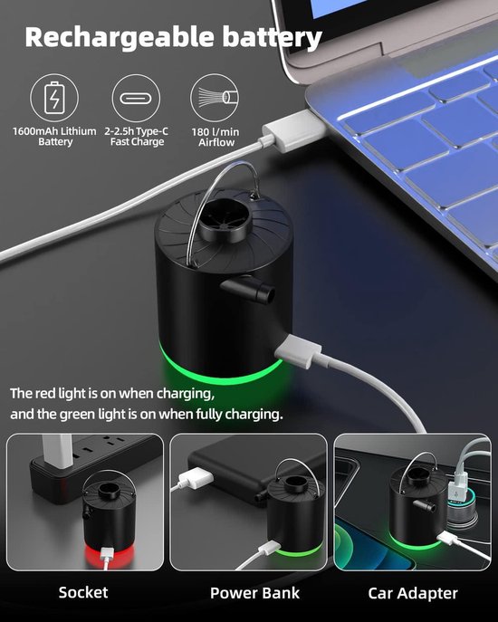 Elektrische luchtpomp oplaadbaar met lamp luchtmatras zwembad-zwemring-camping-opblaasbare boot 3-in-1 opblaas- en leegpomp USB 5 sproeiers — afbeelding 4