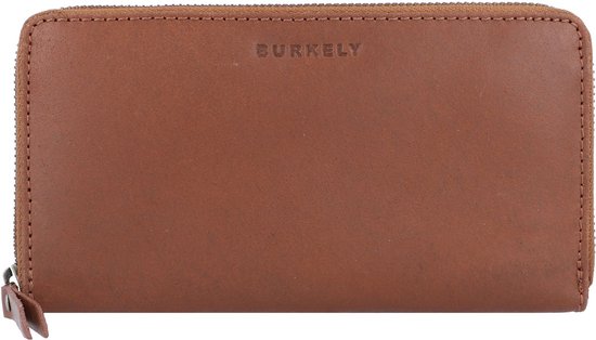 Bruine leren portemonnee met Burky logo en ritssluiting.