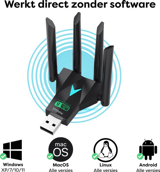 Zwarte wifi-adapter met 4 antennes, voor Windows, MacOS, Linux en Android, met tekst 'Werkt direct zonder software'.