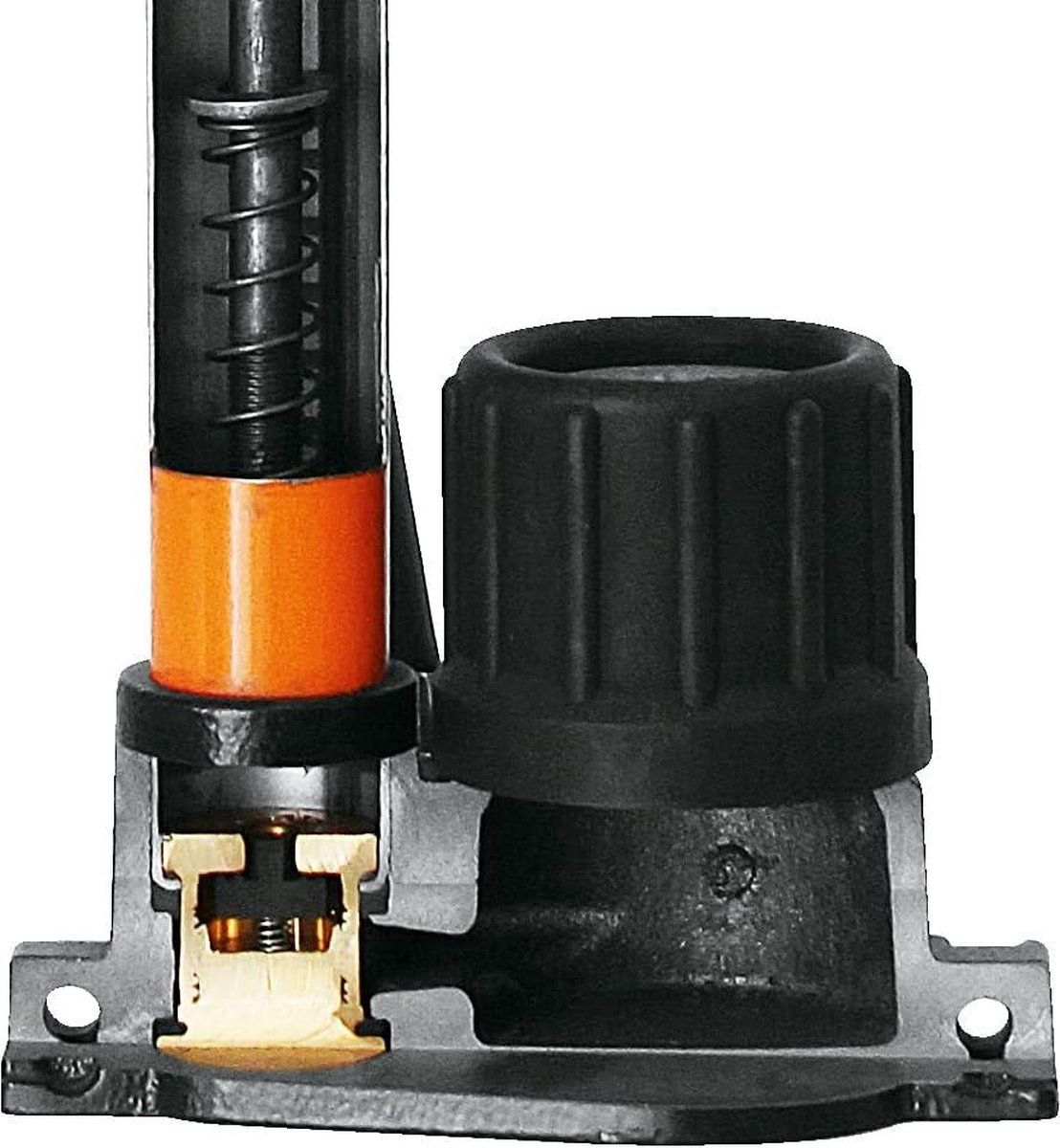 SKS GERMANY RENCOMPRESSOR messingnipel staande pomp (luchtpomp SV-ventielen, precisiemanometer, metalen buis, gietijzeren voet, houten handvat, max. druk: 16 bar / 230 psi), oranje