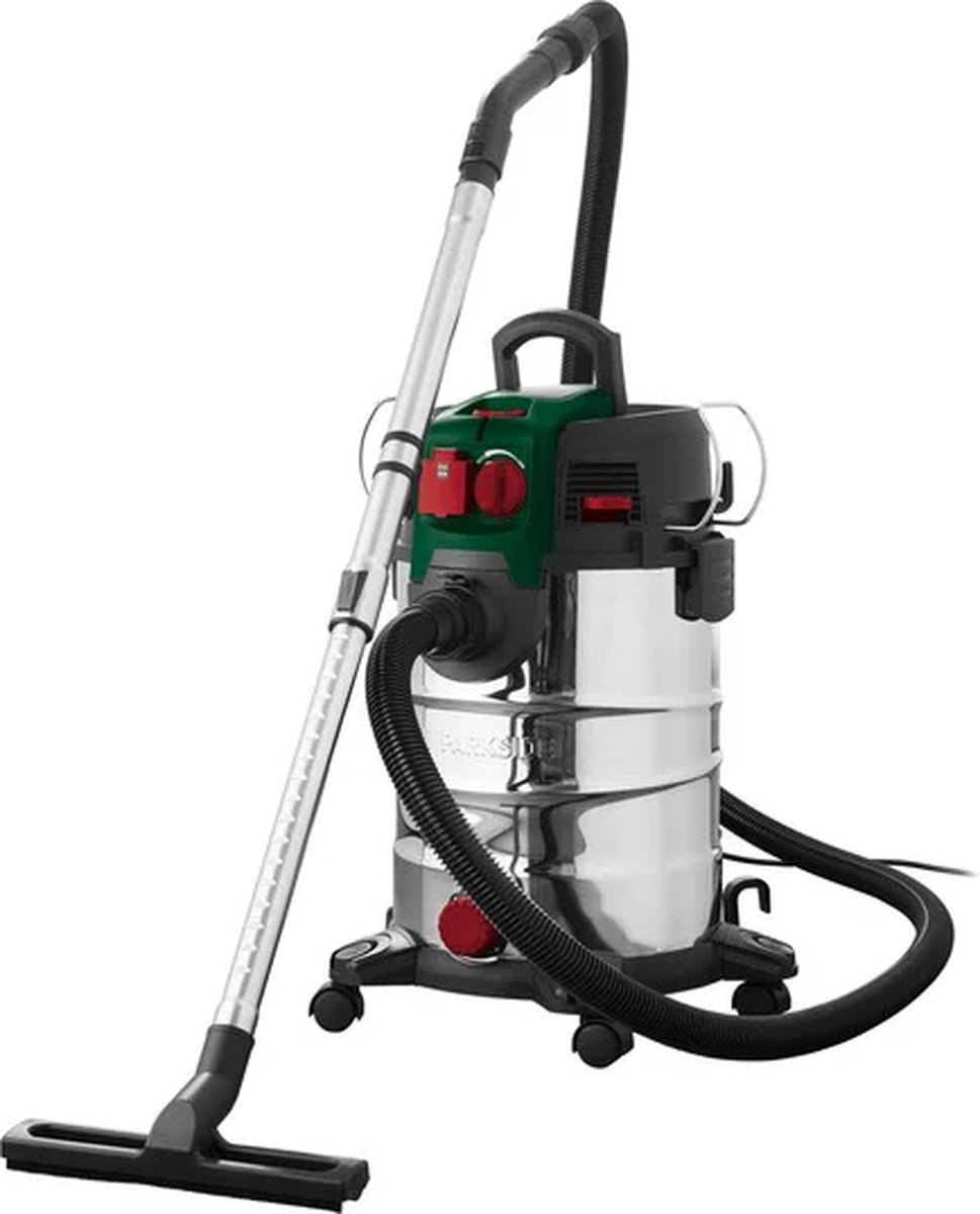 PARKSIDE Nat- droogzuiger 1500W Ketelstofzuiger Zuigvermogen: max. 260 Airwatt Zuigkracht: max. 181 mbar Inhoud reservoir: 30 l Traploos instelbare luchtstroom Werkradius tot 9 m Extra stopcontact