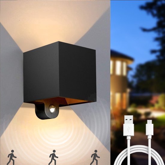 Luminize Oplaadbare buitenlamp met bewegingssensor en dag nacht sensor - aluminium - draadloze wandlamp usb oplaadbaar - zwart