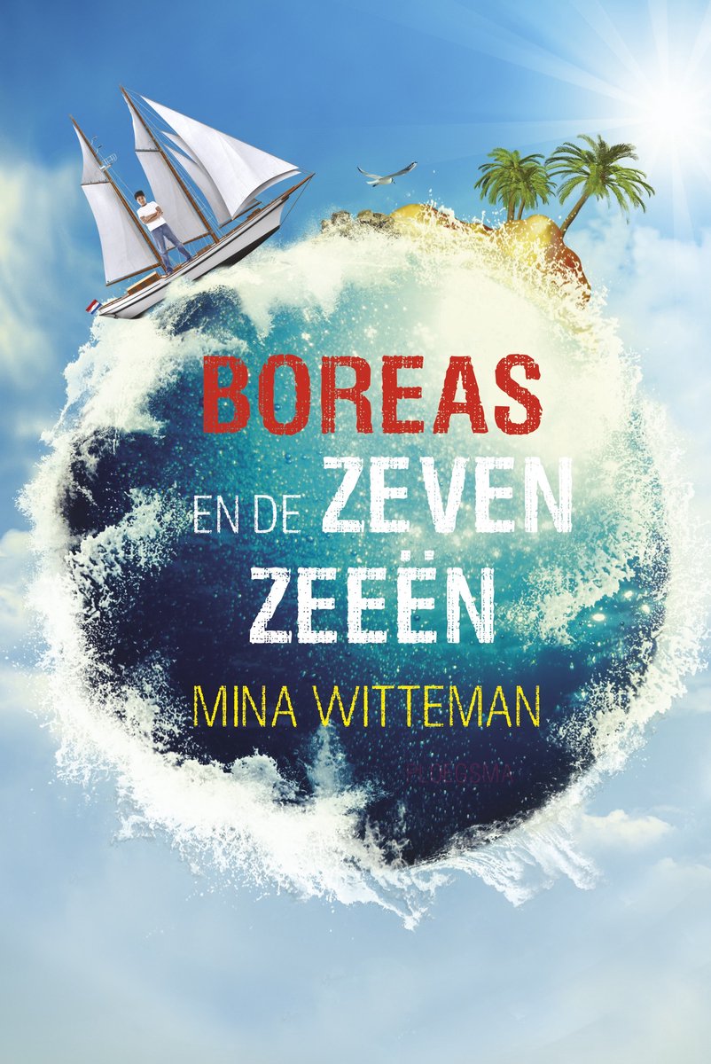 Boekomslag 'Boreas en de zeven zeeën' met golven, een zeilboot en een tropisch eiland.