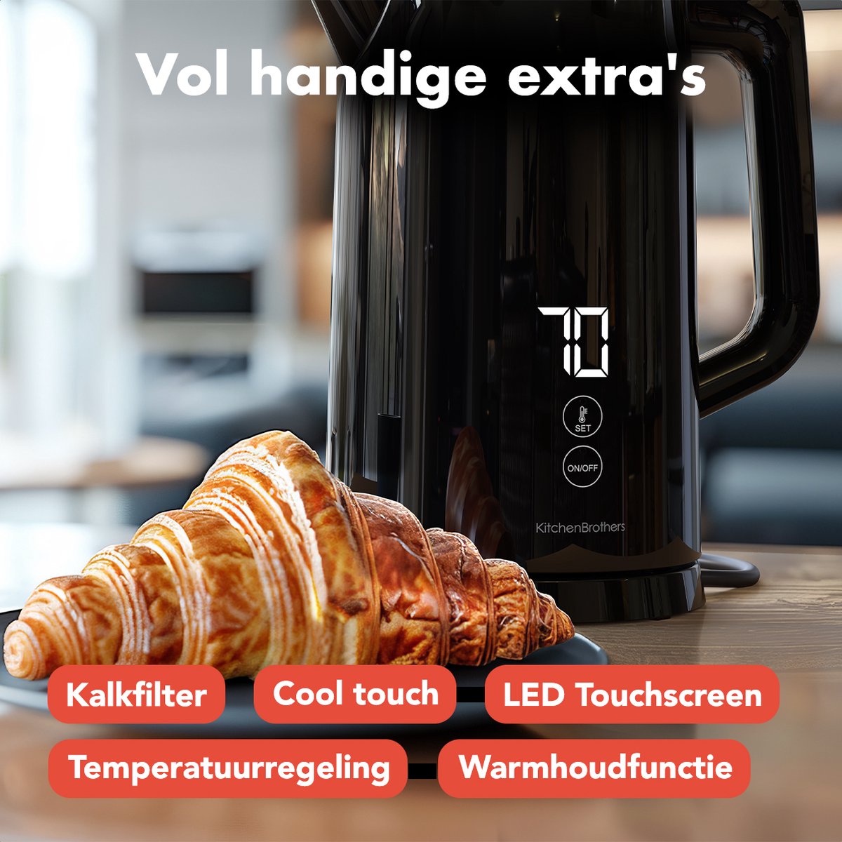 KitchenBrothers Waterkoker - 1.7L - Met Temperatuurregeling - PFAS- & BPA-vrij - Warmhoudfunctie - Display - Dubbelwandig - 2200W - Zwart — afbeelding 3