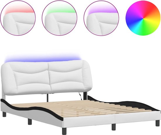vidaXL Bedframe met hoofdbord kunstleer wit 160x200 cm, bedframe, slaapmeubel, ledikant, bed, bedbodem, eenpersoonsbed, slaapbed, bedframes, bedden