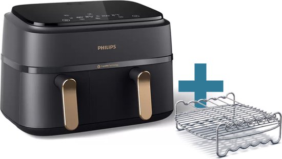 Philips Airfryer 9L met dubbele mand, RapidAir, digitaal, zwart (NA352/04)