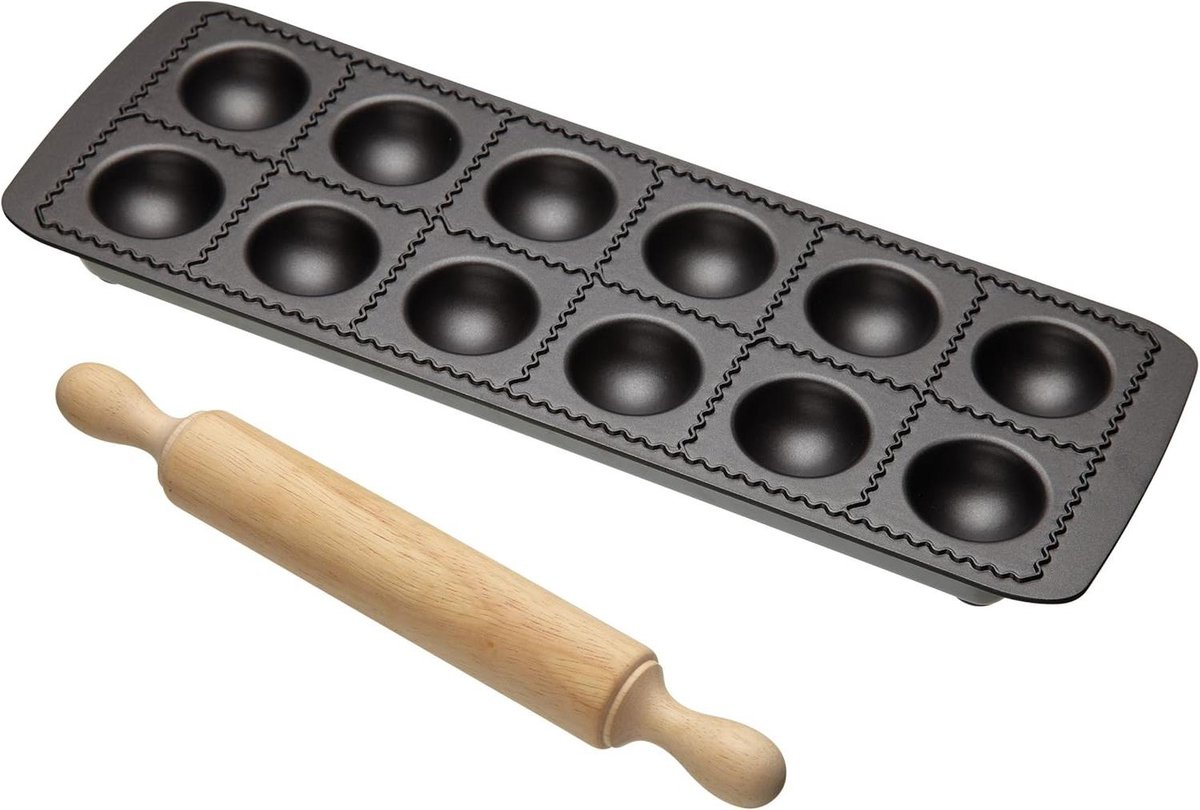 Bol.com Ravioli Vorm Met Deegroller 33 x 115 cm Carbon En Hout - Grijs En Bruin pasta roller aanbieding