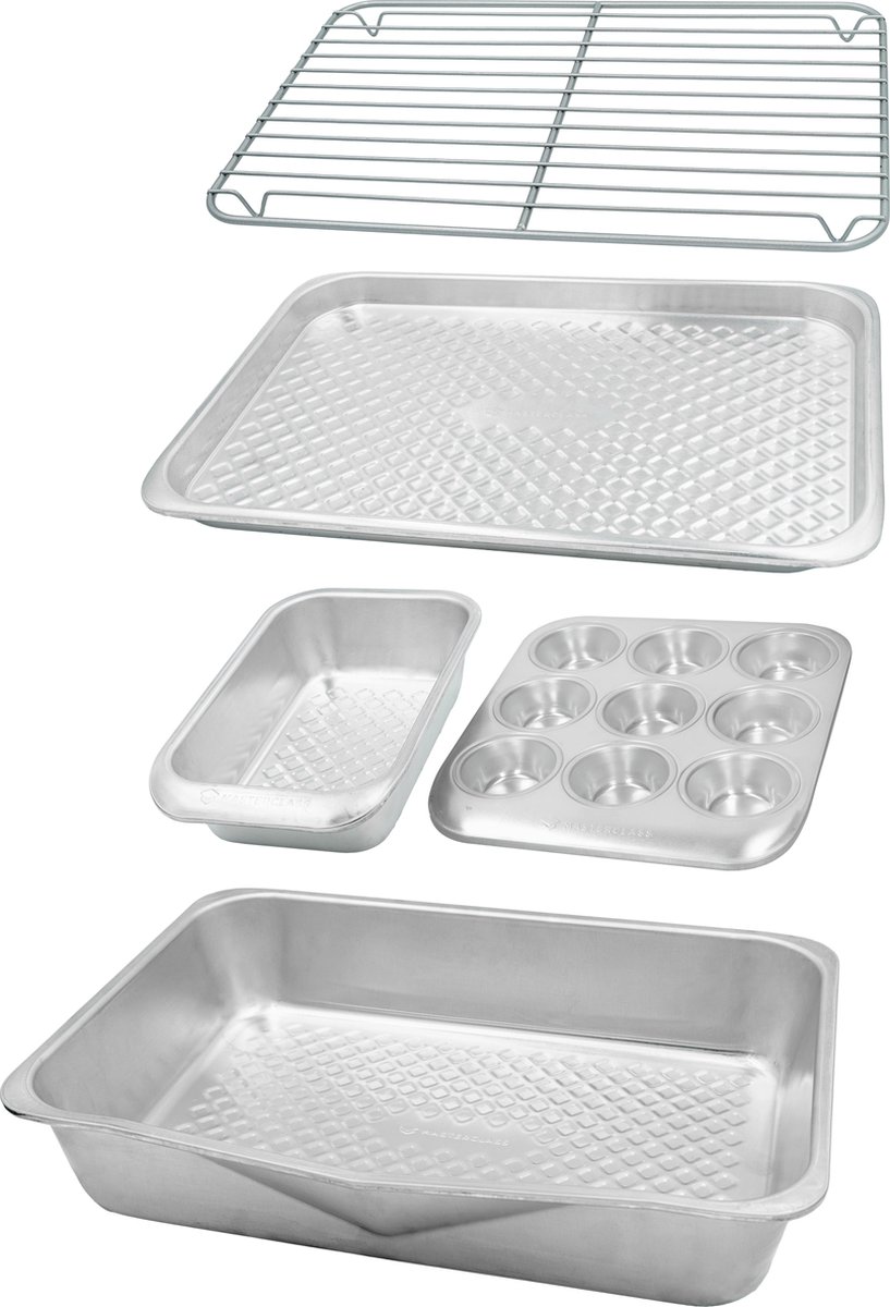 MasterClass Gerecycled Aluminium 5 stuks bakset, stapelbare bakset met broodrooster, muffinpan, 2lb broodvorm, bakplaat & rooster