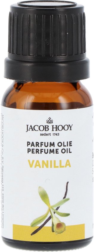 Amberkleurige fles met zwarte dop. Het label toont 'Jacob Hooy', 'Parfumolie VANILLE' en een illustratie van een vanillebloem en peul.