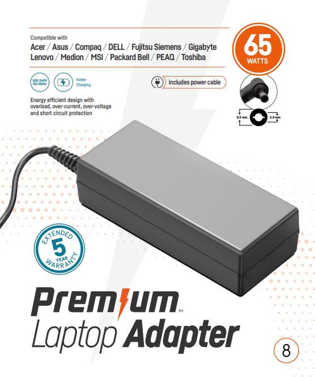 Premium laptop adapter, 65W, 5,5 x 2,5mm