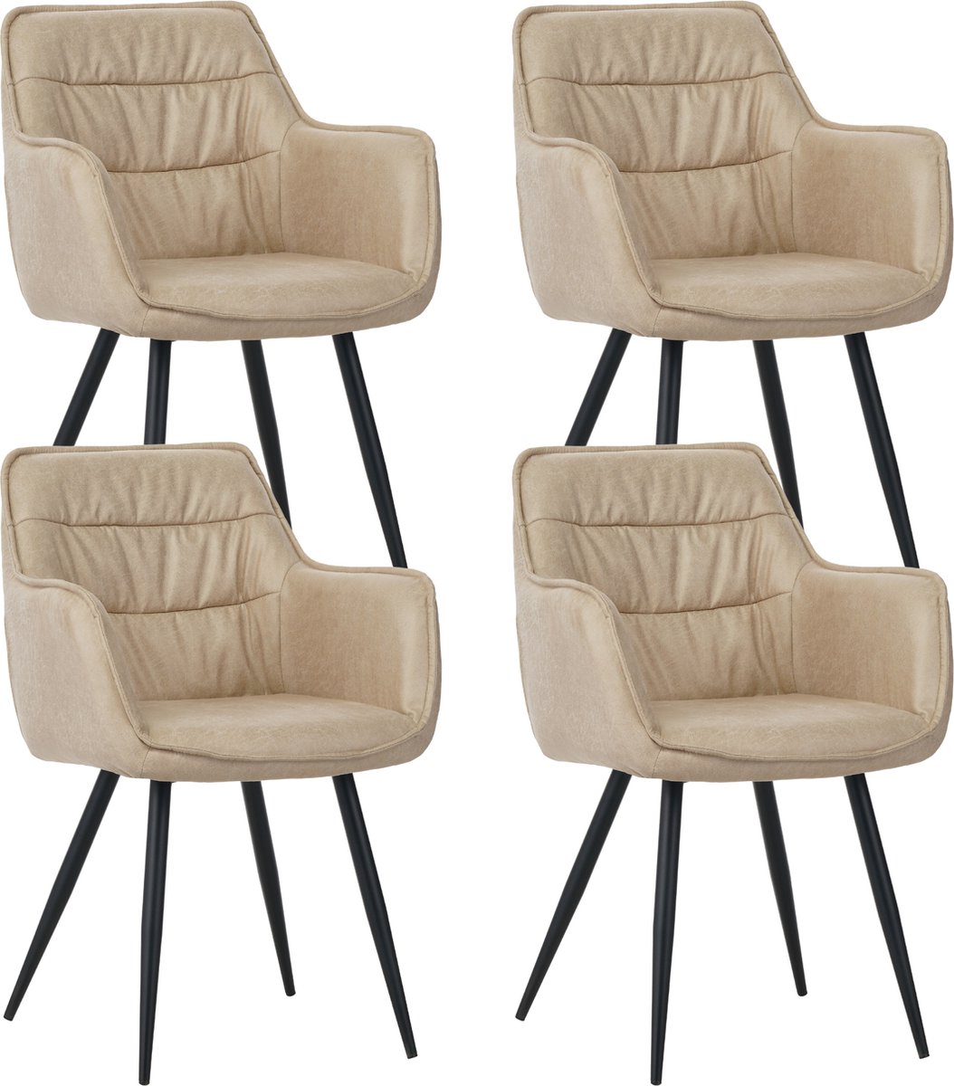 Colenis Manila Eetkamerstoel - Set Van 4 - Beige - Microfiber Stof- Industrieel - Met armleuning
