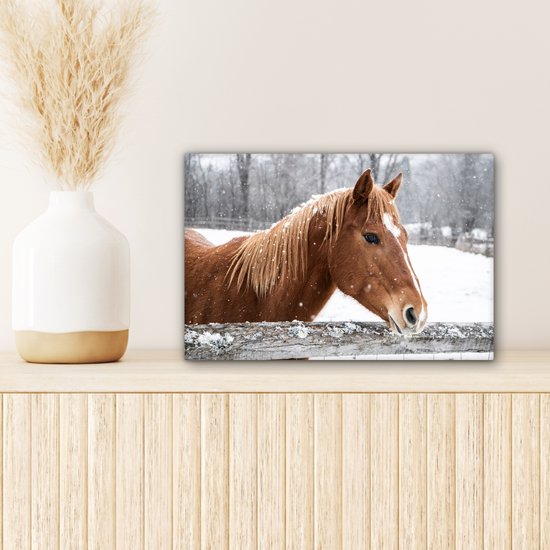 Tableau sur toile Cheval - Flocon de neige - Clôture - Hiver - 30x20 cm - Décoration murale