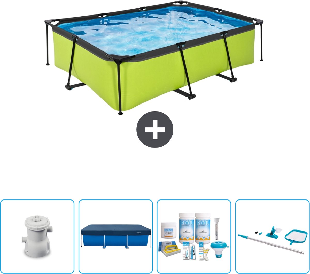 EXIT Rechthoekig Lime Frame Zwembad - 220 x 150 x 65 cm - Inclusief Pomp Afdekzeil - Onderhoudspakket - Schoonmaakset - Nu extra voordelig