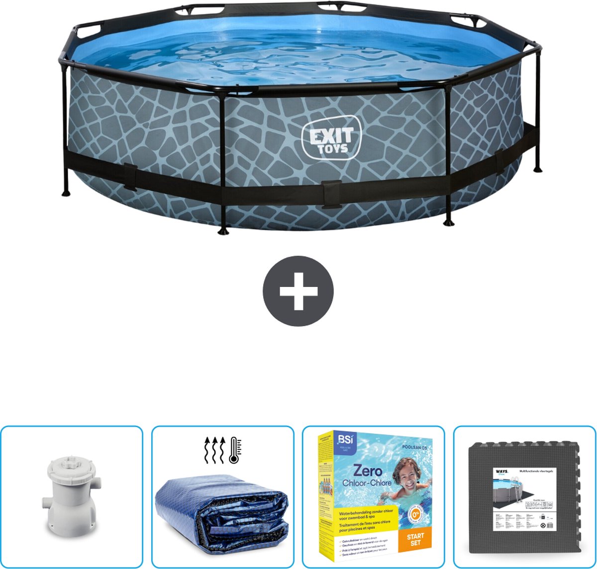 EXIT Rond Stone Frame Zwembad 300 x 76 cm Inclusief Pomp Solarzeil Onderhoudspakket Vloertegels Nu extra voordelig
