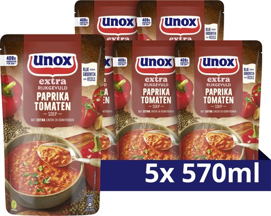 Foto: Unox extra rijkgevuld soep in zak paprika tomaten met extra linzen en kidneybonen 5 x 570 ml