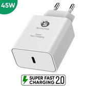 Synyq 45W Snellader - USB C Adapter - Geschikt voor Samsung, Apple, Google - Oplader iPhone 15 - Oplaadadapter USB C - Oplader Samsung S24/23/22/21/20/10 - Snellader iPhone 15,14,13,12,11,10 - Tablet oplader - Notebook Adapter - Wit