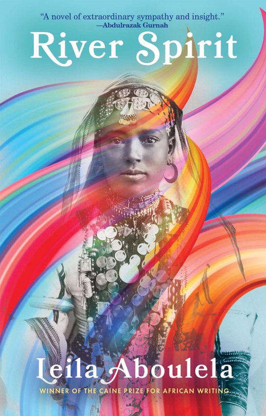 Boekomslag van River Spirit met portret van een vrouw in traditionele sieraden, omringd door kleurrijke abstracte strepen.