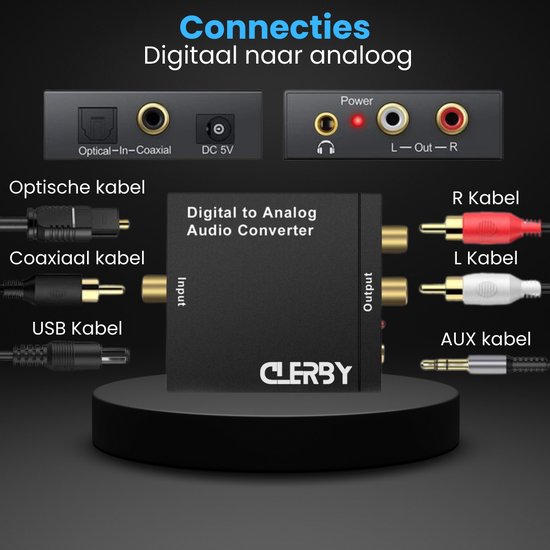 Clerby - Digitaal naar Analoog Converter - 192kHz Audio Adapter - DAC - Coaxiaal naar Analoog - Audioconverter - AUX 3.5mm - Inclusief Optische Kabel en Voedingsadapter — afbeelding 5