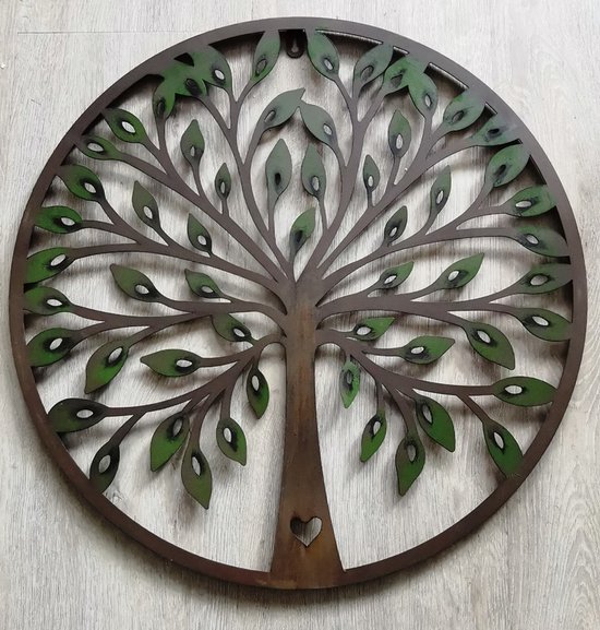 Levensboom Metaal - Wanddecoratie voor Buiten of Binnen - diameter - 51 cm - - Bruin met Groene accenten