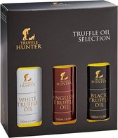 Truffel Hunter Deze luxe truffelolie selectie cadeauset bevat drie beste oliën; Zwarte truffelolie, witte truffelolie, Engelse truffelolie 3 x 100ml