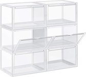 schoendozen, set van 6, stapelbare schoen organizers, plastic dozen met transparante deur, schoenopslag, voor schoenen tot maat 46, 36 x 28 x 22 cm, transparant LSP06CW