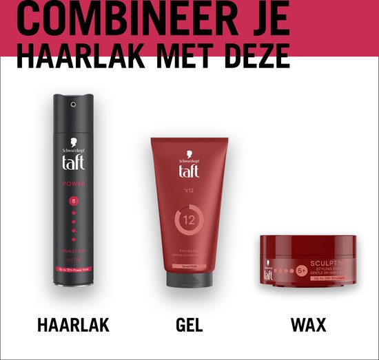 Taft haarspray, gel en wax potten naast elkaar. Tekst: 'Combineer je haarlak met deze'.